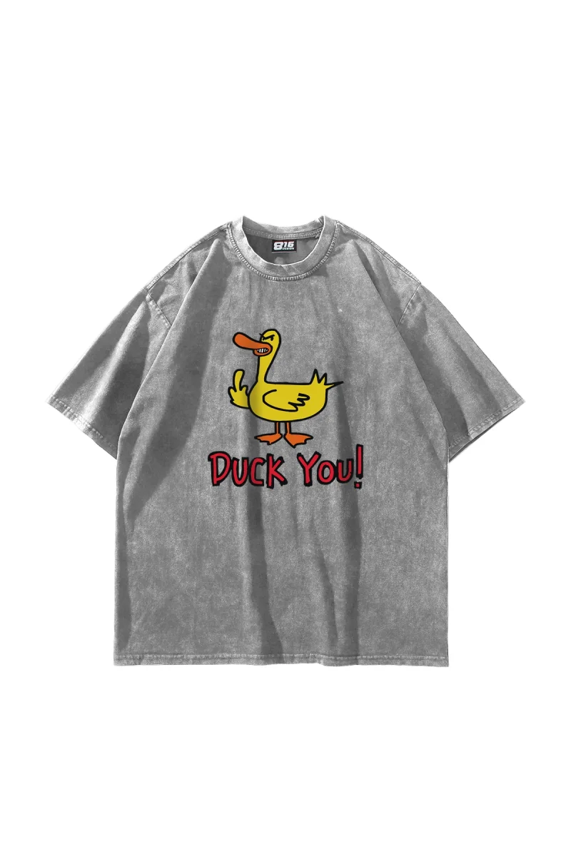 Duck You! Baskılı Oversize Unisex Yıkamalı Beyaz Tshirt