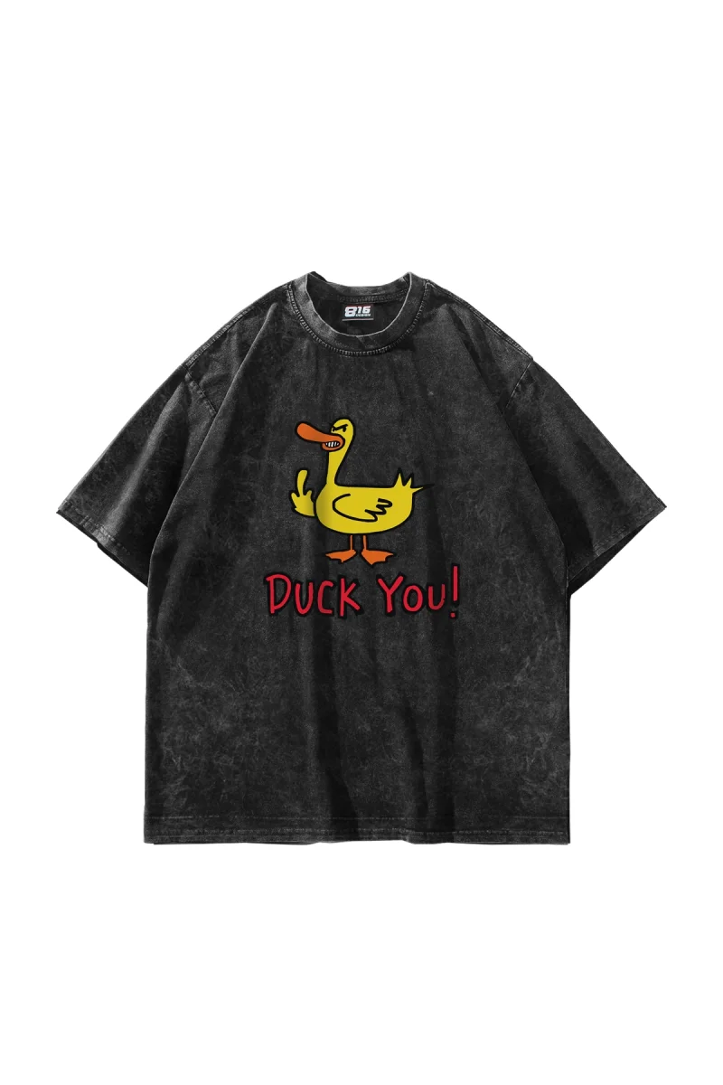Duck You! Baskılı Oversize Unisex Yıkamalı Siyah Tshirt