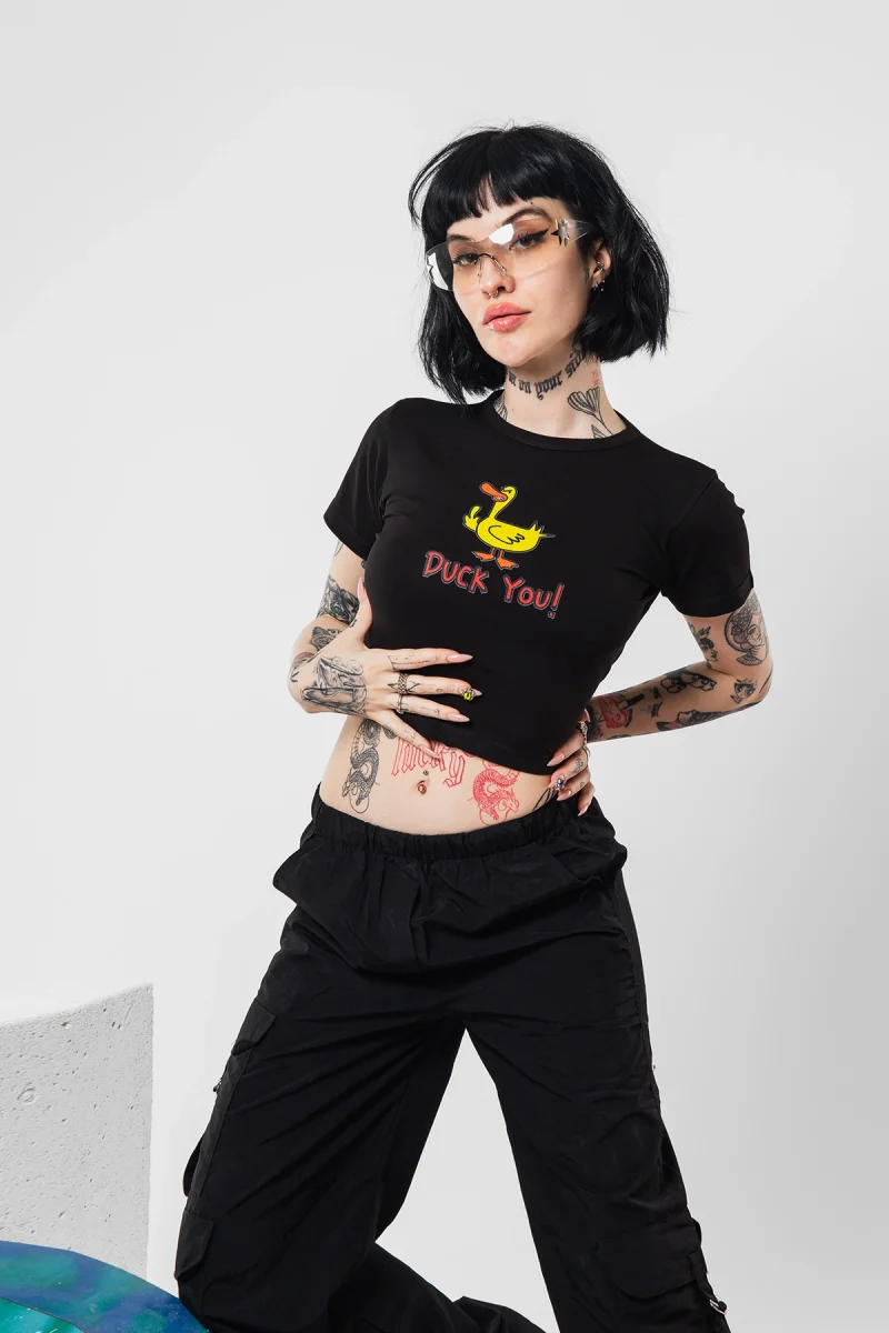 Duck You! Baskılı Siyah Crop Top
