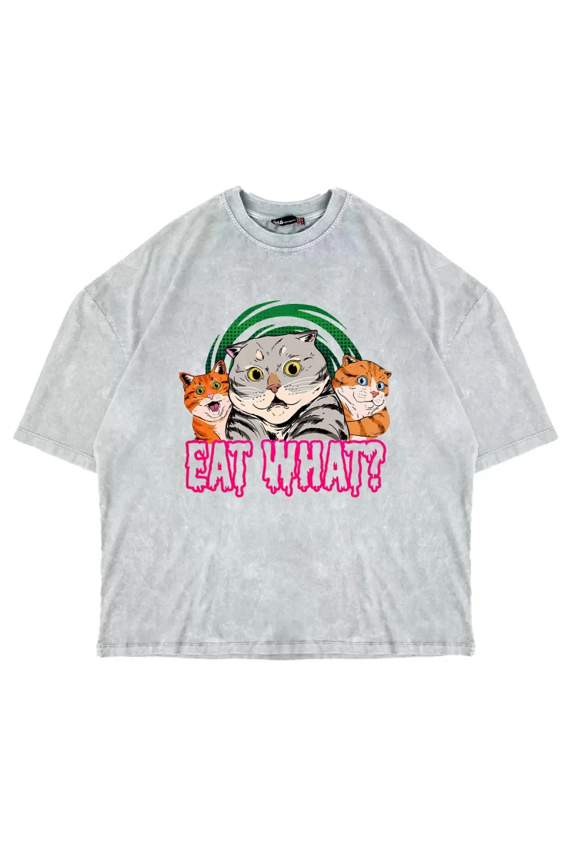 Eat What Cat Baskılı Oversize Unisex Yıkamalı Beyaz Tshirt