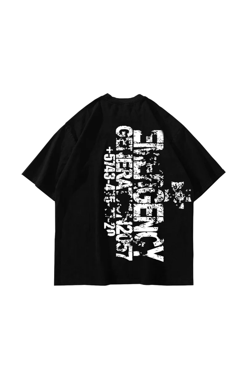 Emergency Baskılı Siyah Oversize Tshirt