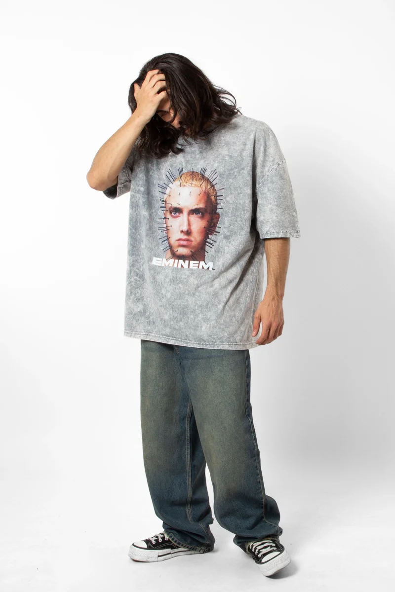 Eminem İkon Baskılı Yıkamalı Beyaz Oversize Unisex Tshirt