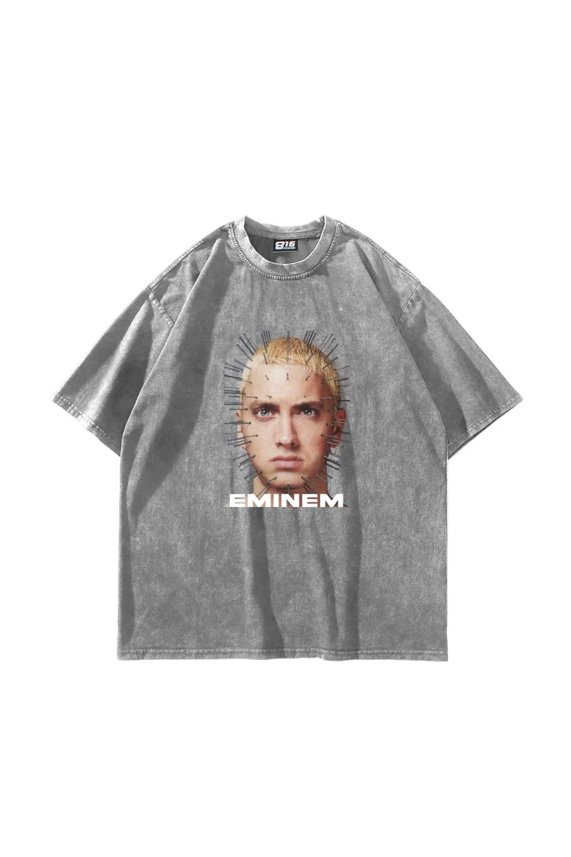Eminem İkon Baskılı Yıkamalı Beyaz Oversize Unisex Tshirt