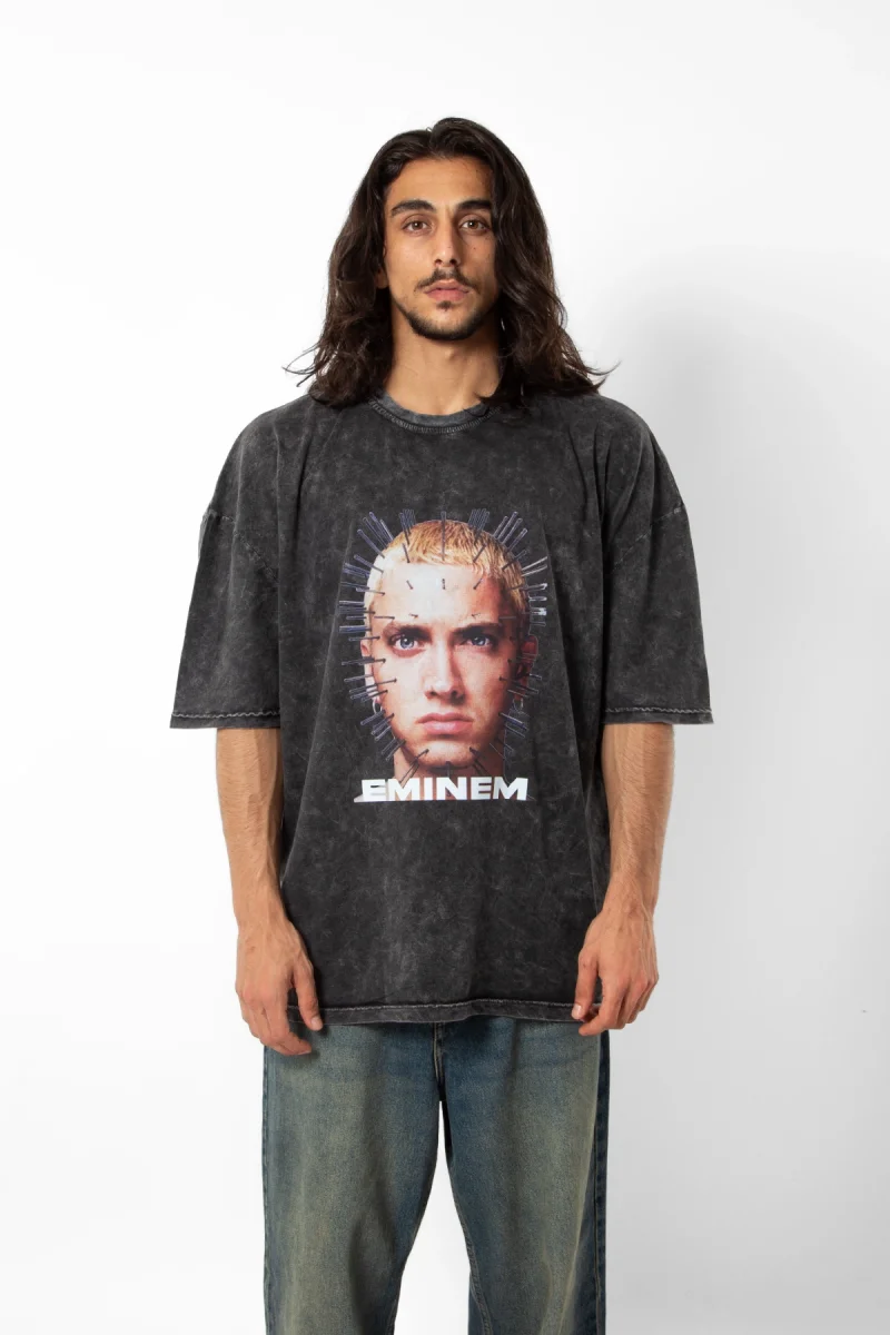 Eminem İkon Baskılı Yıkamalı Siyah Oversize Unisex Tshirt