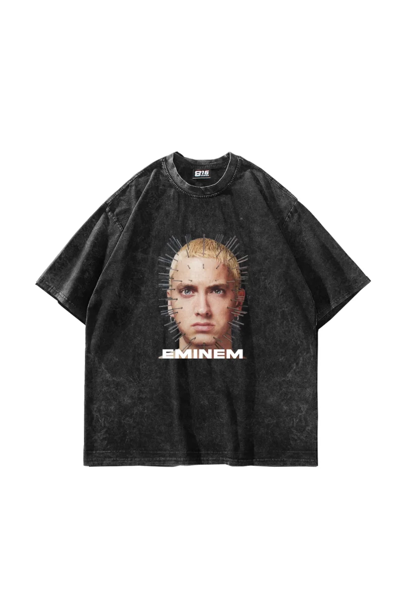 Eminem İkon Baskılı Yıkamalı Siyah Oversize Unisex Tshirt