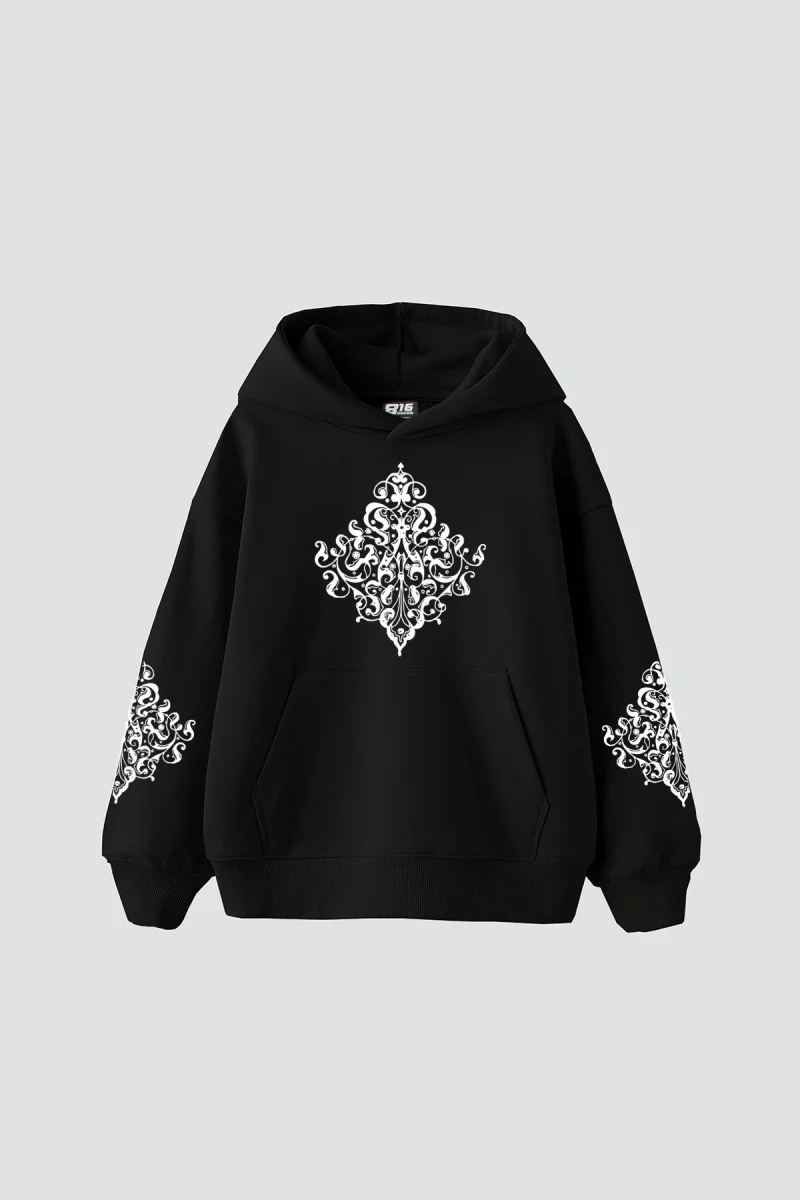 Etnik Baskılı Oversize Unisex Premium Siyah Hoodie