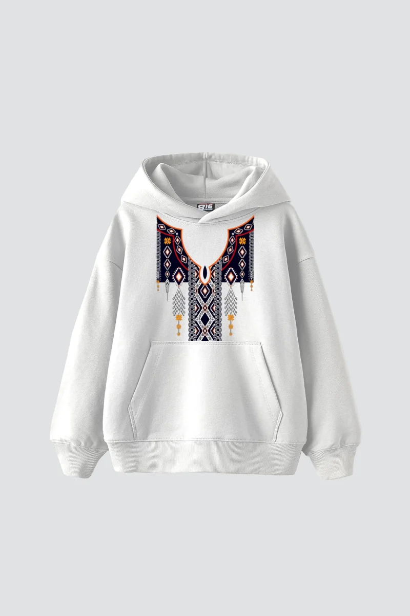 Etnik Desen Baskılı Oversize Unisex Beyaz Hoodie