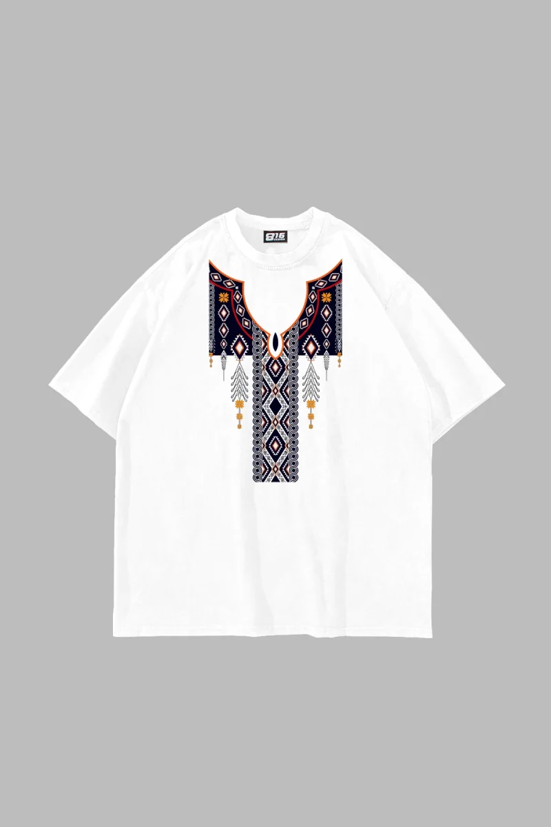 Etnik Desen Baskılı Oversize Unisex Beyaz Tshirt