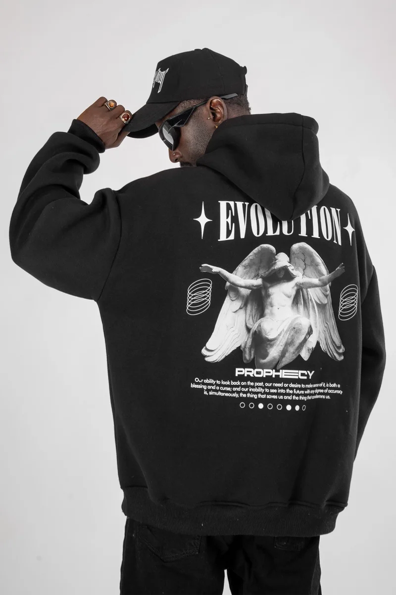 Evolution Baskılı Oversize Unisex Kapüşonlu Siyah Hoodie