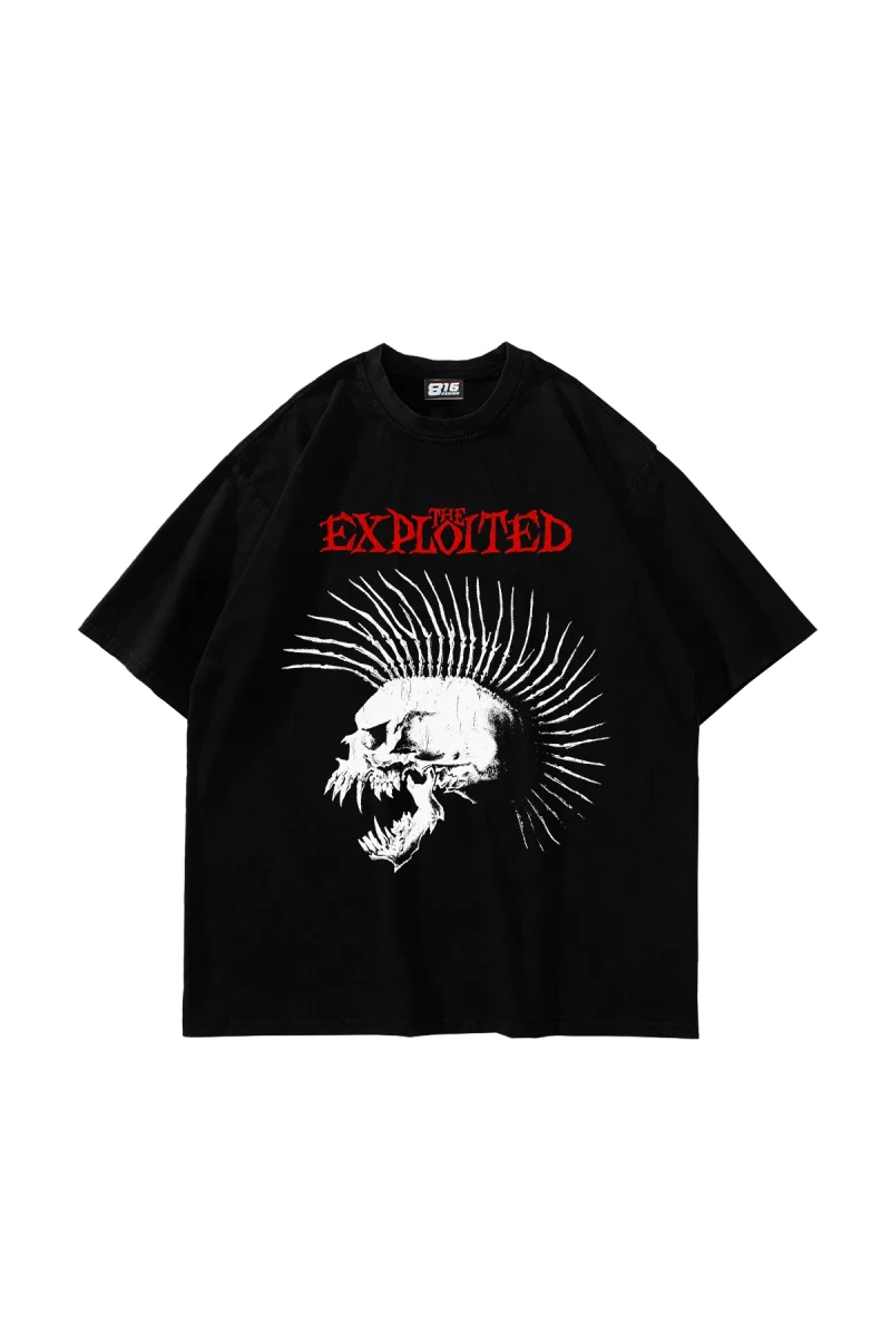 Exploited Punk Skull Baskılı Siyah Oversize Tshirt