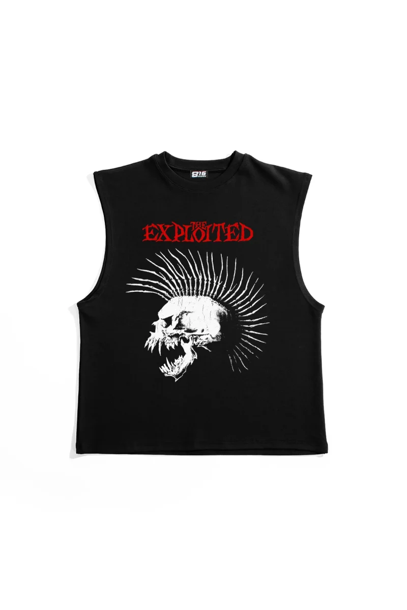 Exploited Punk Skull Baskılı Siyah Sıfır Kol Tshirt