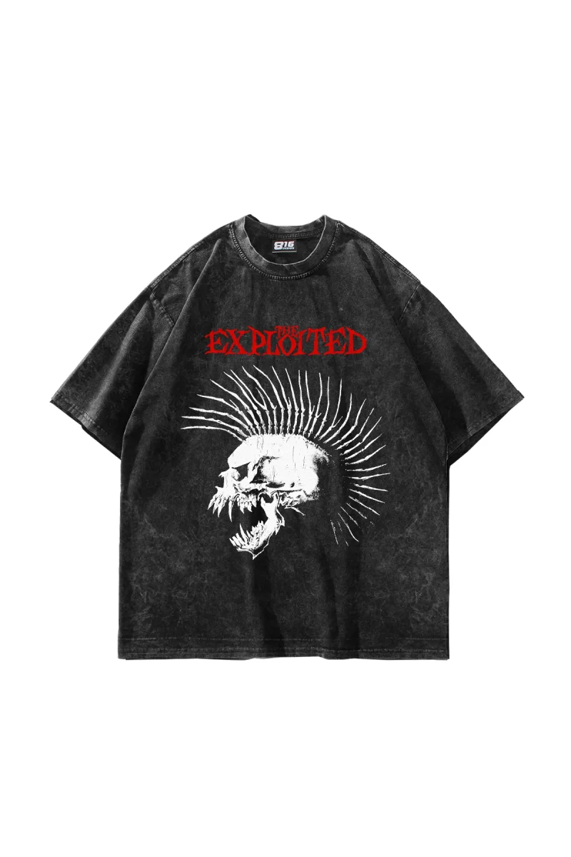 Exploited Punk Skull Baskılı Yıkamalı Siyah Oversize Tshirt