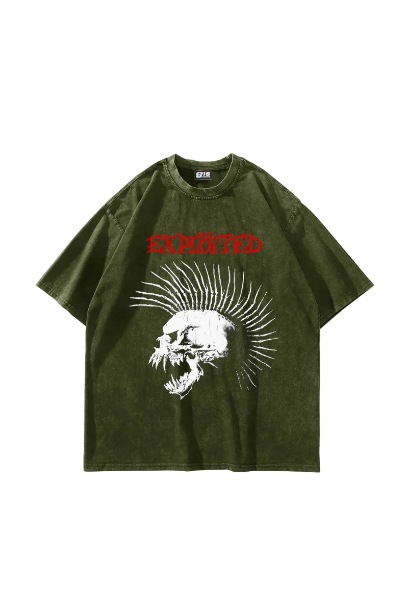 Exploited Punk Skull Baskılı Yıkamalı Yeşil Oversize Tshirt