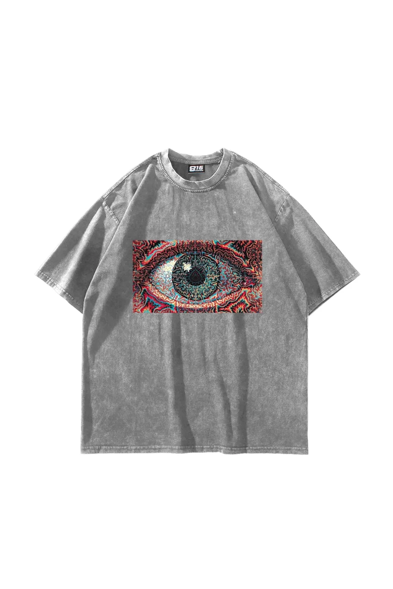 Eye Hallucination Baskılı Oversize Unisex Yıkamalı Beyaz Tshirt