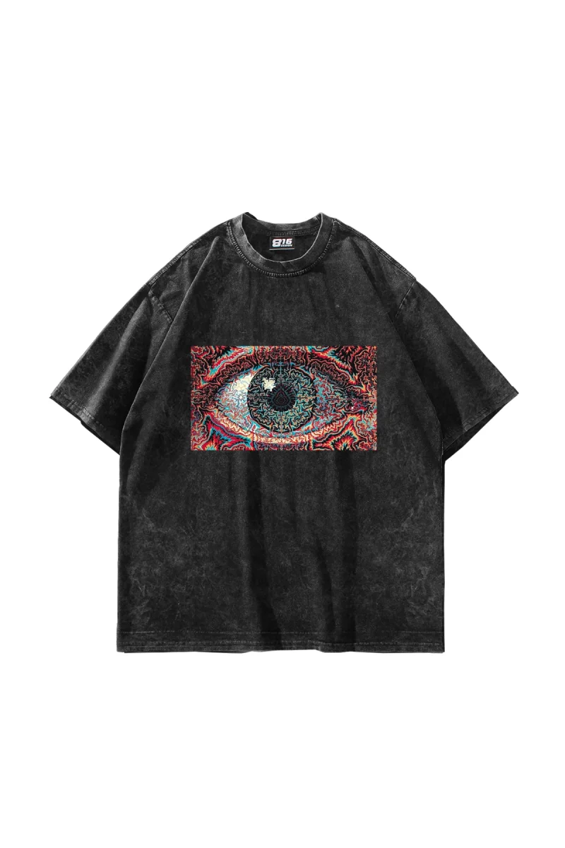 Eye Hallucination Baskılı Oversize Unisex Yıkamalı Siyah Tshirt