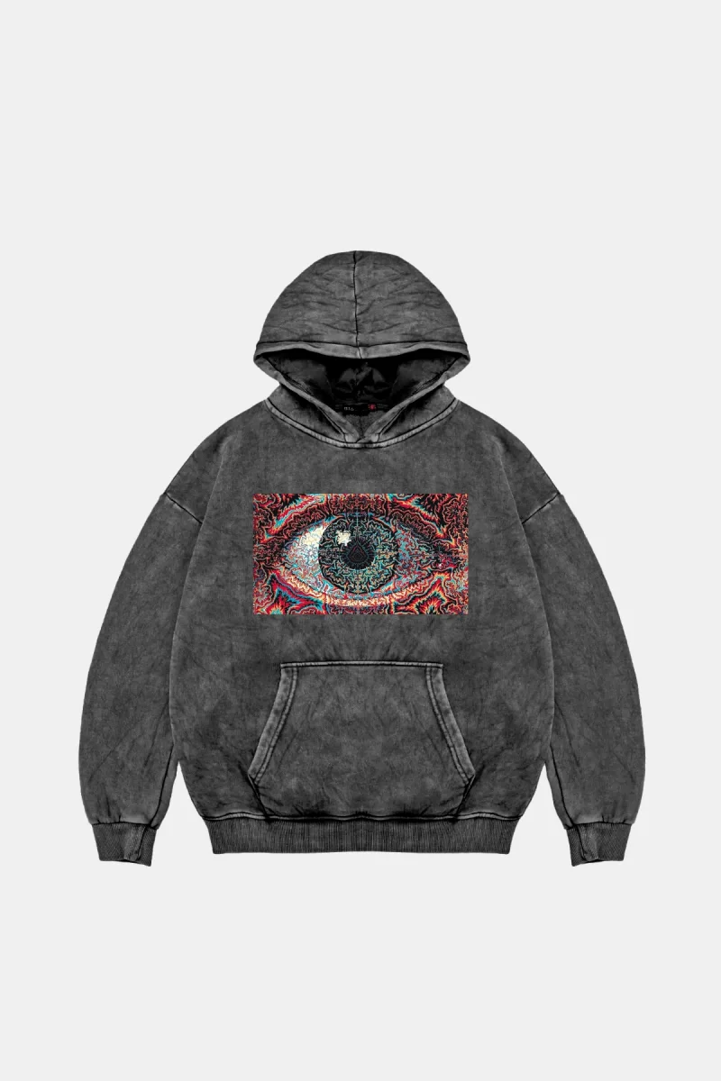 Eye Hallucination Oversize Unisex Yıkamalı Siyah Hoodie