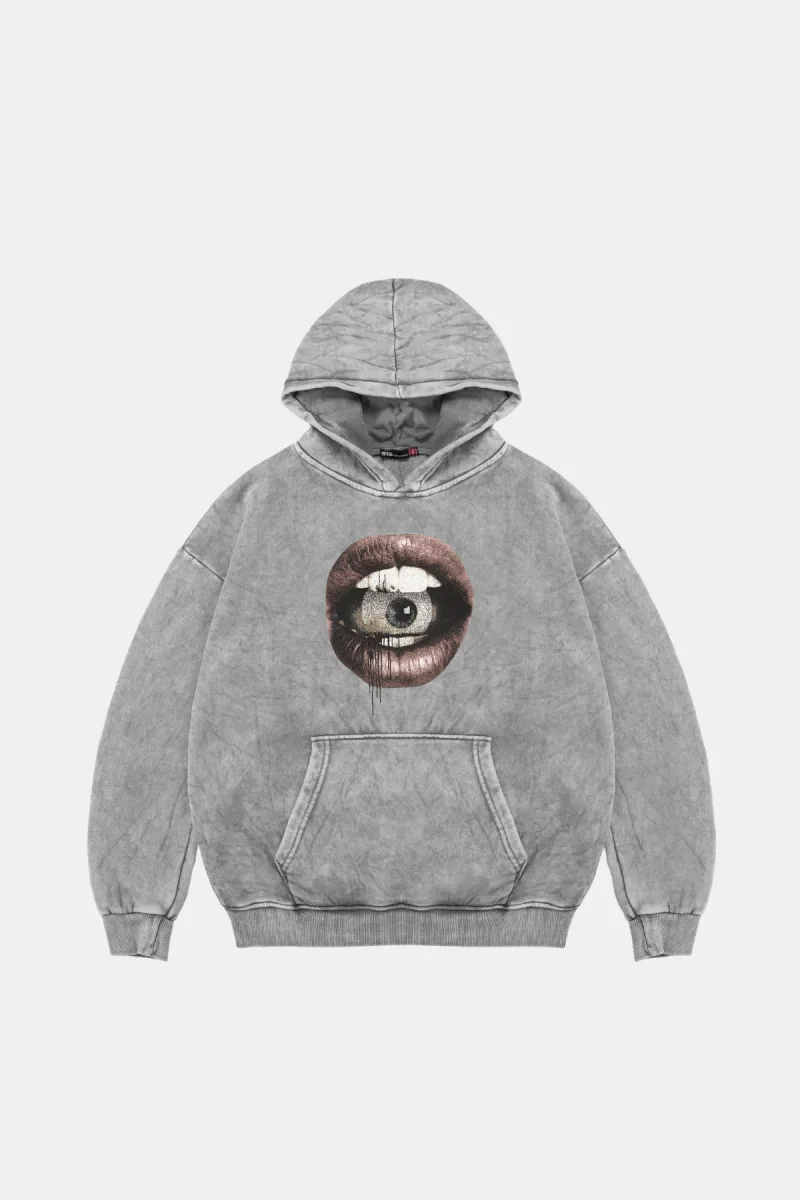 Eye In Mouth Baskılı Oversize Unisex Premium Yıkamalı Beyaz Hoodie