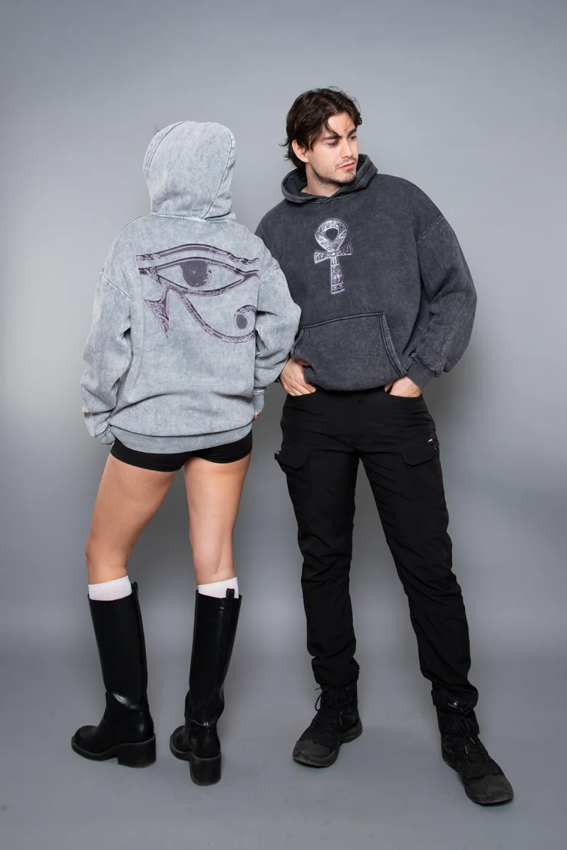 Eye Of Horus Baskılı Oversize Unisex Yıkamalı Beyaz Hoodie