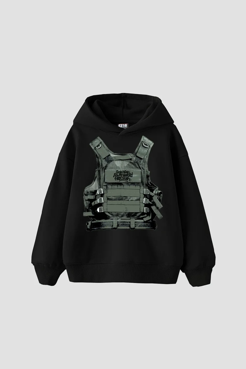 F*ck War Baskılı Oversize Unisex Siyah Hoodie