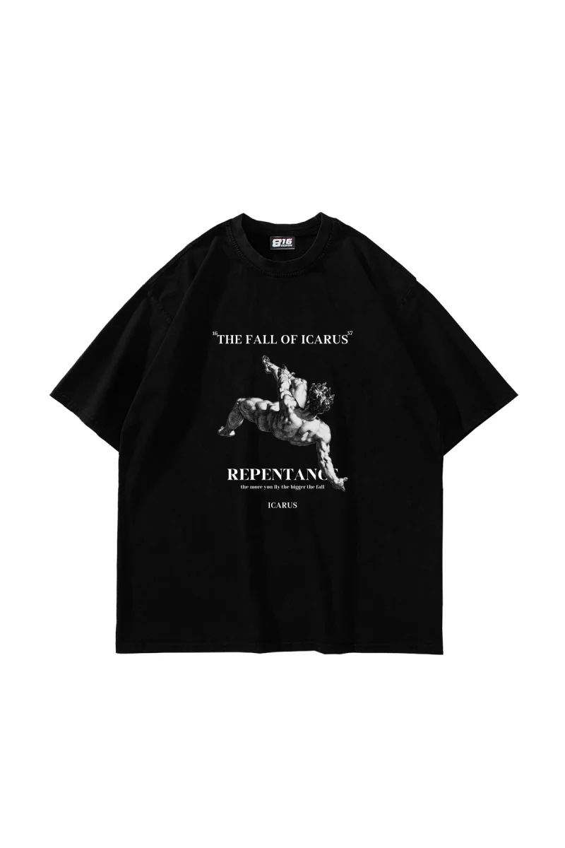 Fall Of Icarus Baskılı Oversize Unisex Siyah Tshirt