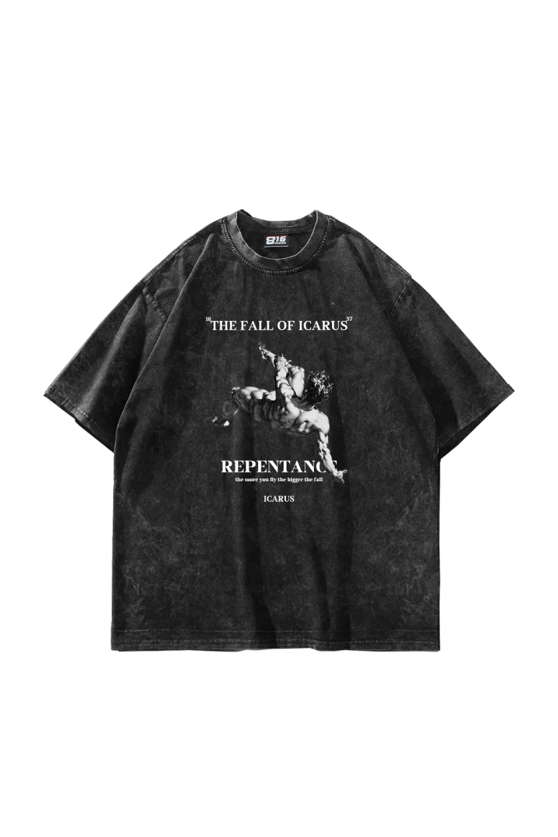 Fall Of Icarus Baskılı Oversize Unisex Yıkamalı Siyah Tshirt