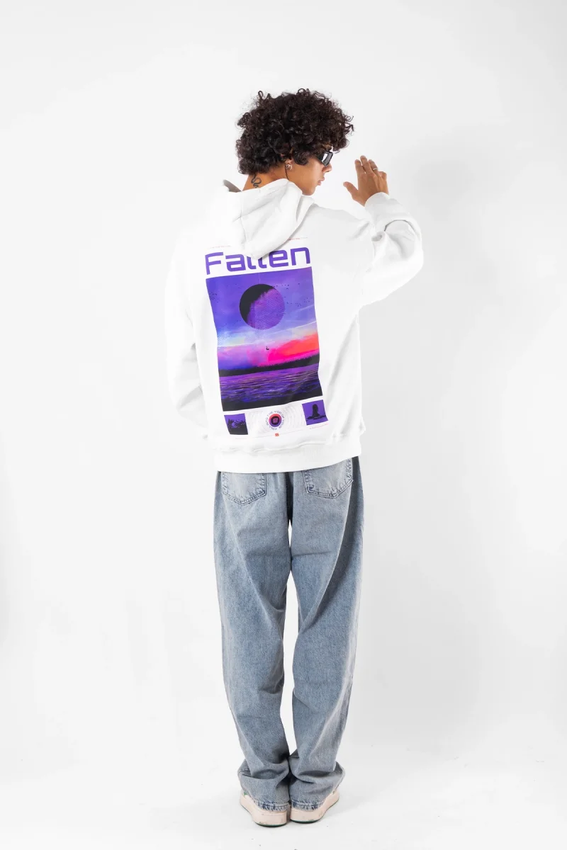 Fallen Baskılı Oversize Unisex Beyaz Hoodie