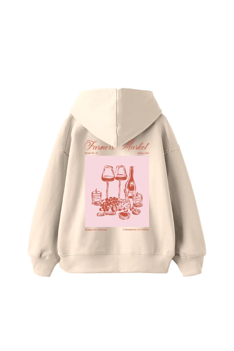 Farmers Market Baskılı Oversize Unisex Bej Hoodie