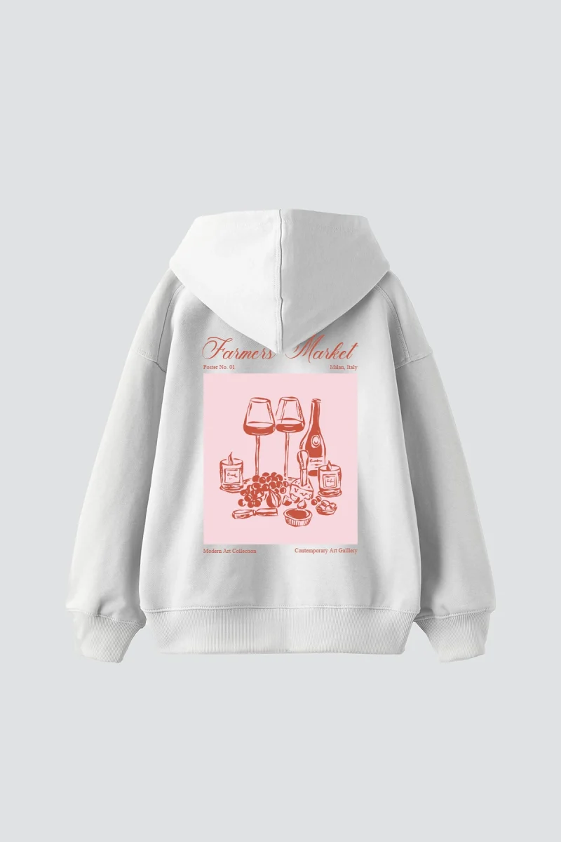 Farmers Market Baskılı Oversize Unisex Beyaz Hoodie