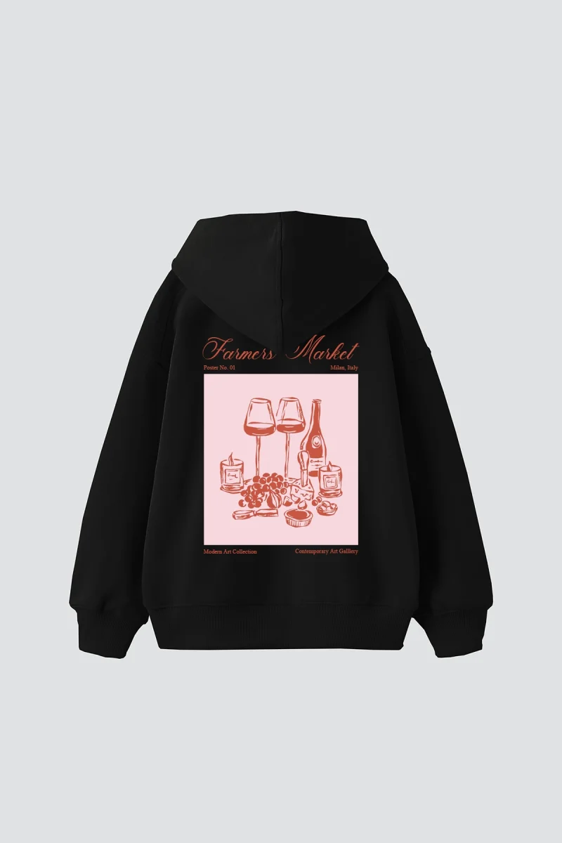 Farmers Market Baskılı Oversize Unisex Siyah Hoodie