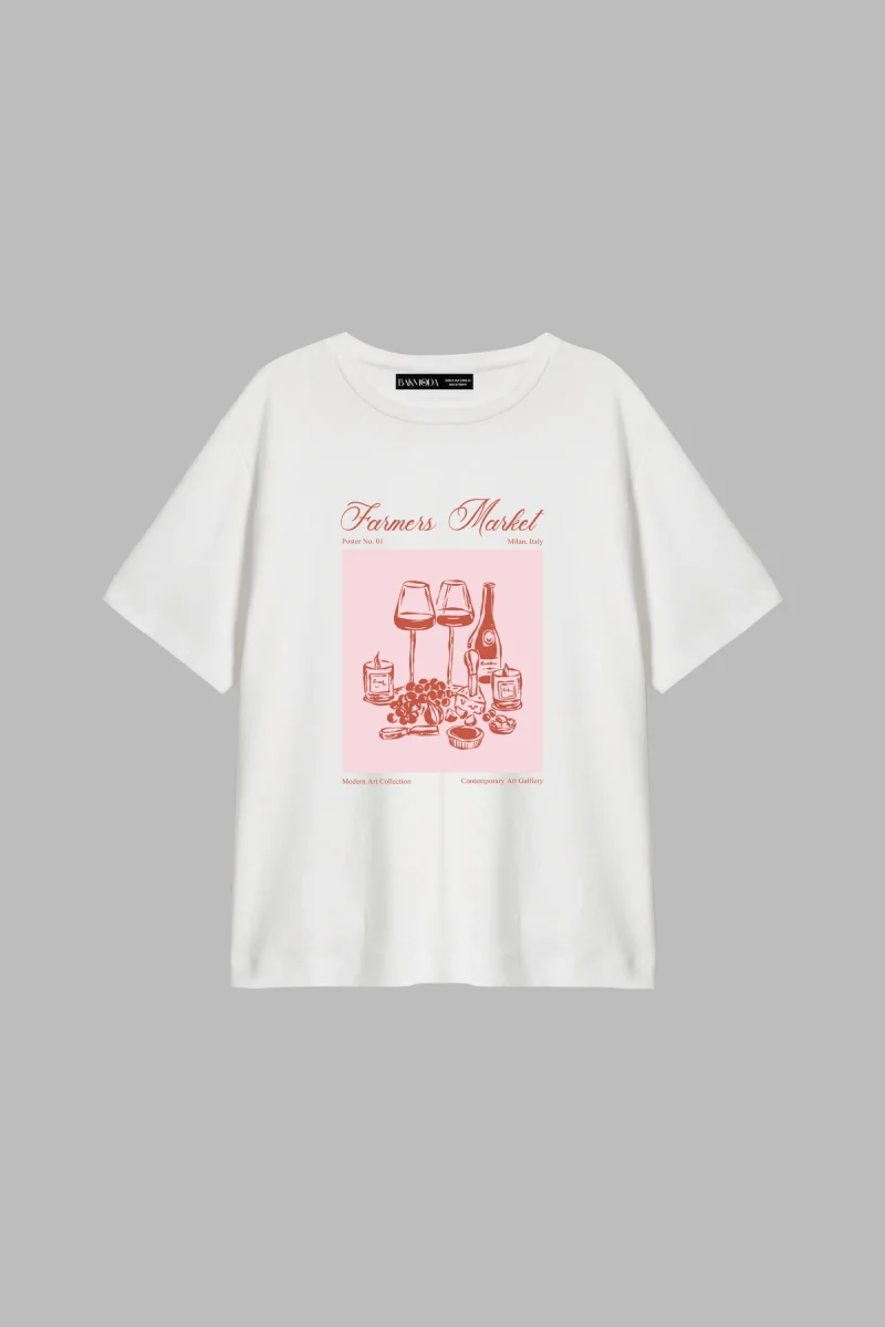 Farmers Market Baskılı Relaxed Fit Beyaz Kadın Tshirt
