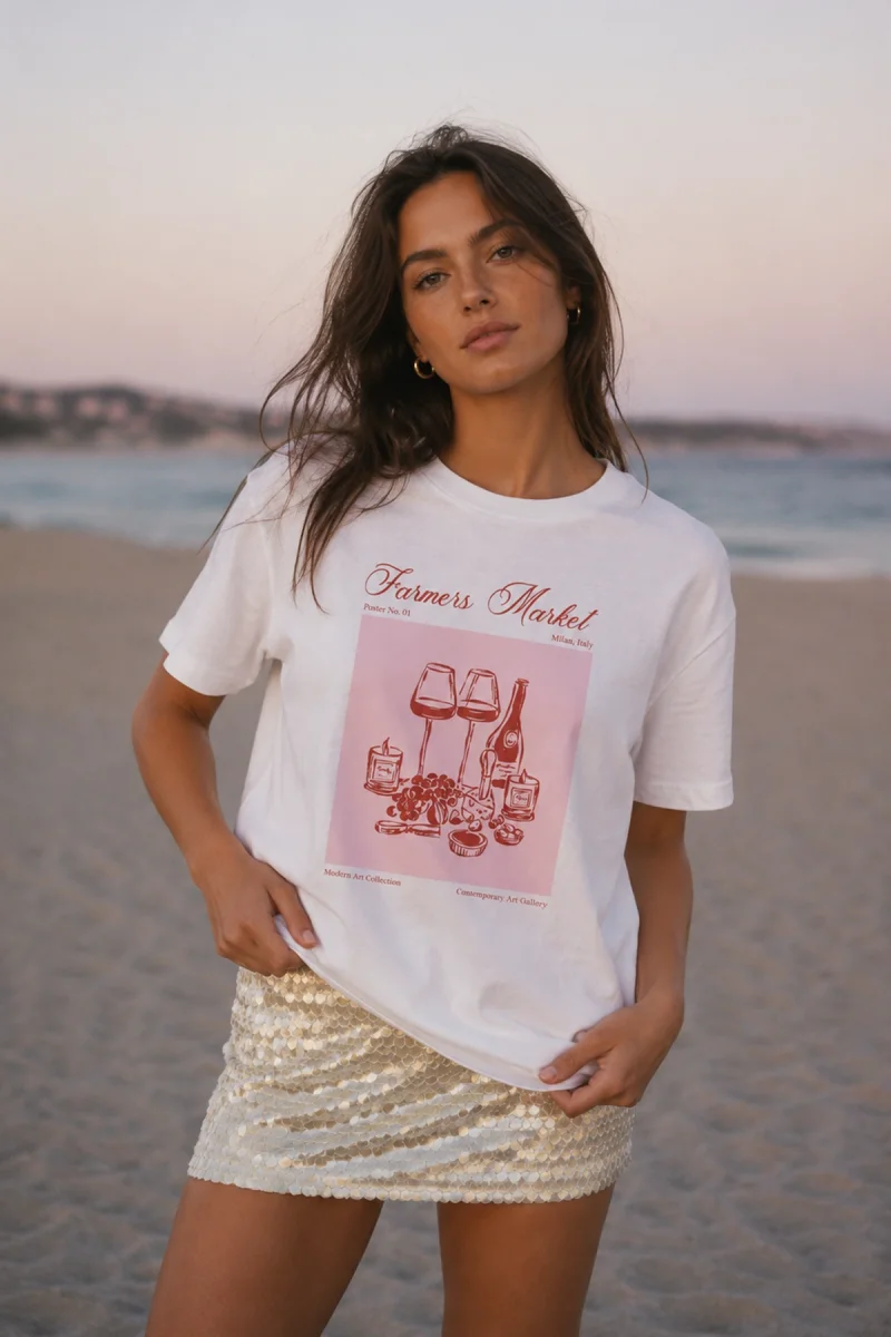 Farmers Market Baskılı Relaxed Fit Beyaz Kadın Tshirt