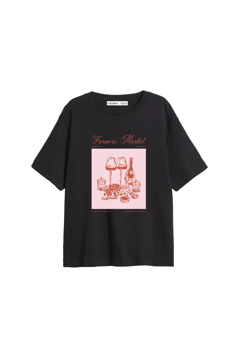 Farmers Market Baskılı Relaxed Fit Siyah Kadın Tshirt