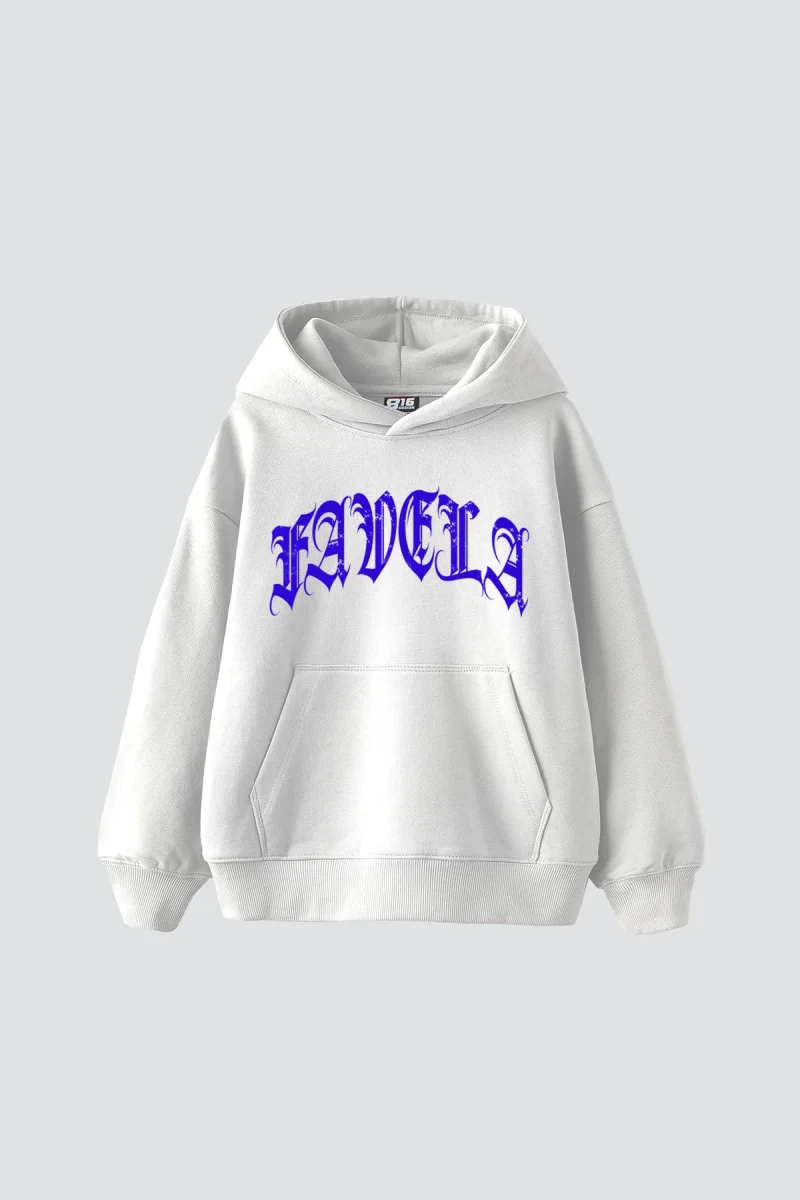 Favela Mavi Taş Baskılı Oversize Unisex Beyaz Hoodie
