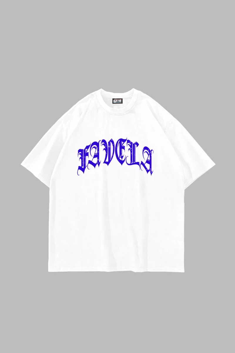 Favela Mavi Taş Baskılı Oversize Unisex Beyaz Tshirt