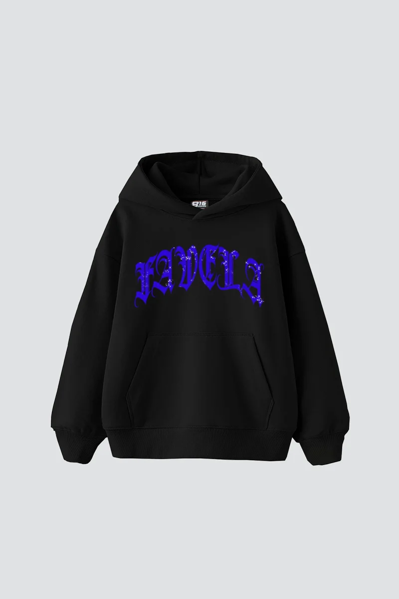Favela Mavi Taş Baskılı Oversize Unisex Siyah Hoodie