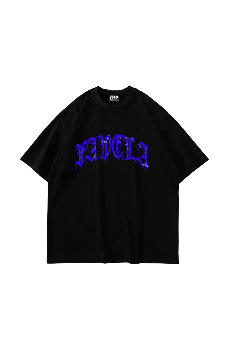 Favela Mavi Taş Baskılı Oversize Unisex Siyah Tshirt