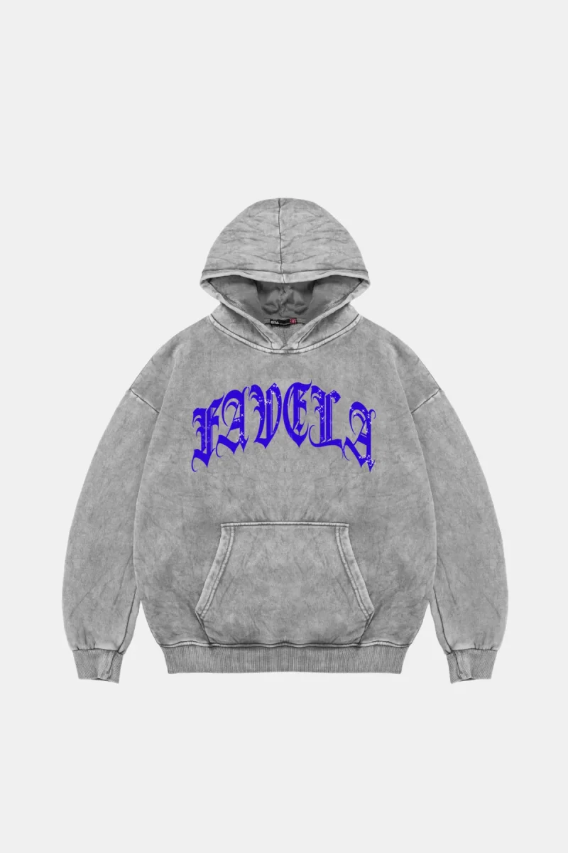 Favela Mavi Taş Baskılı Oversize Unisex Yıkamalı Beyaz Hoodie