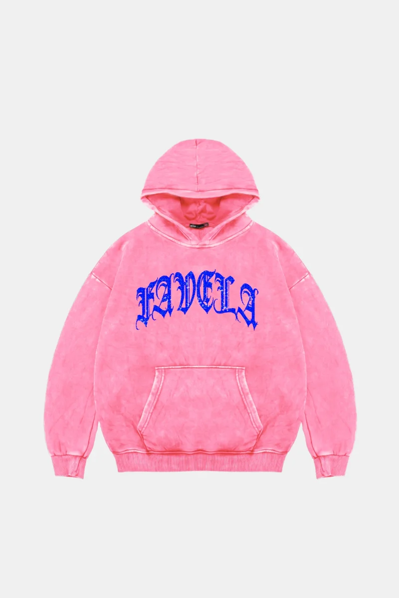 Favela Mavi Taş Baskılı Oversize Unisex Yıkamalı Pembe Hoodie