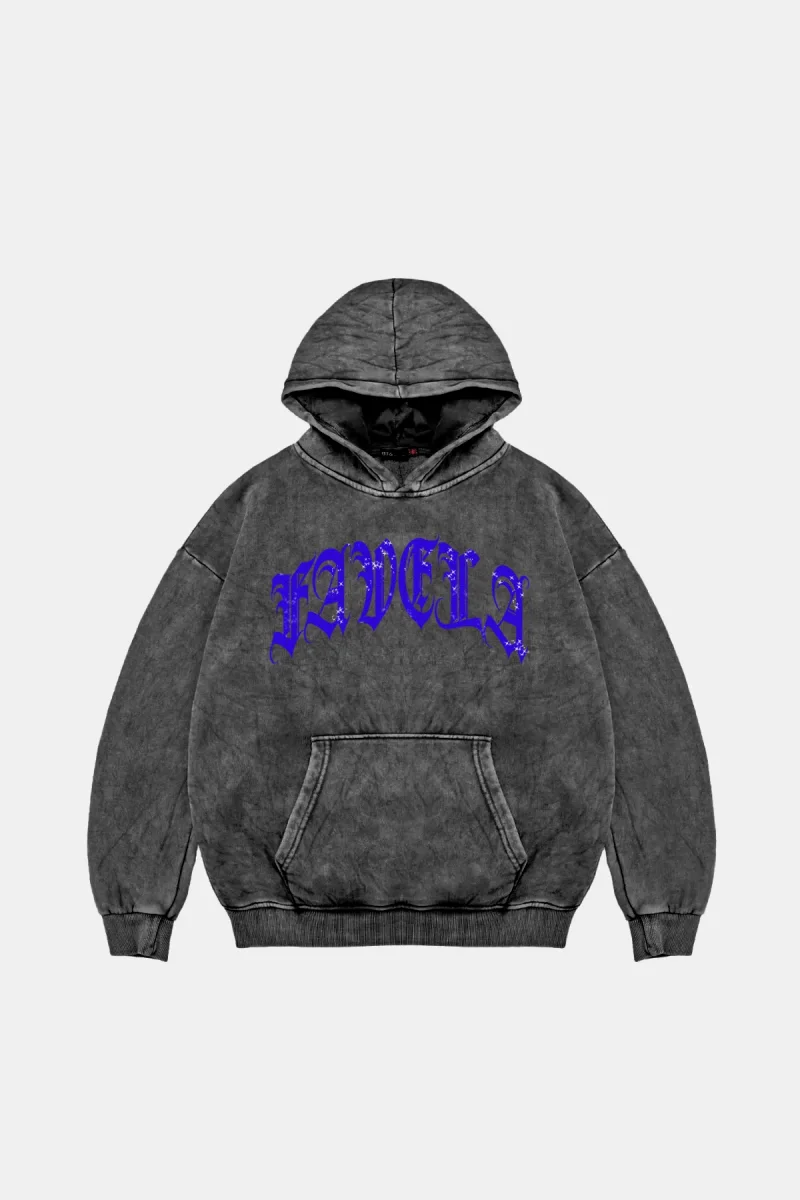 Favela Mavi Taş Baskılı Oversize Unisex Yıkamalı Siyah Hoodie