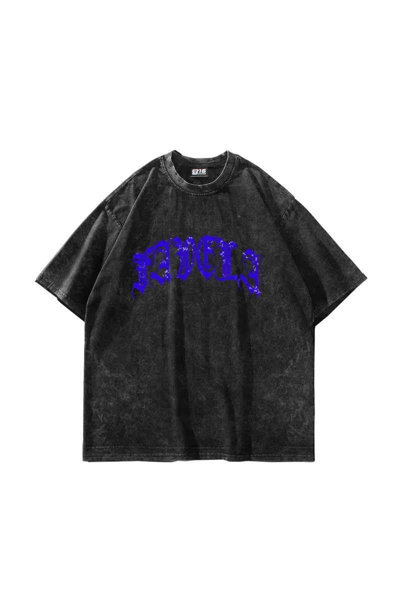 Favela Mavi Taş Baskılı Oversize Unisex Yıkamalı Siyah Tshirt
