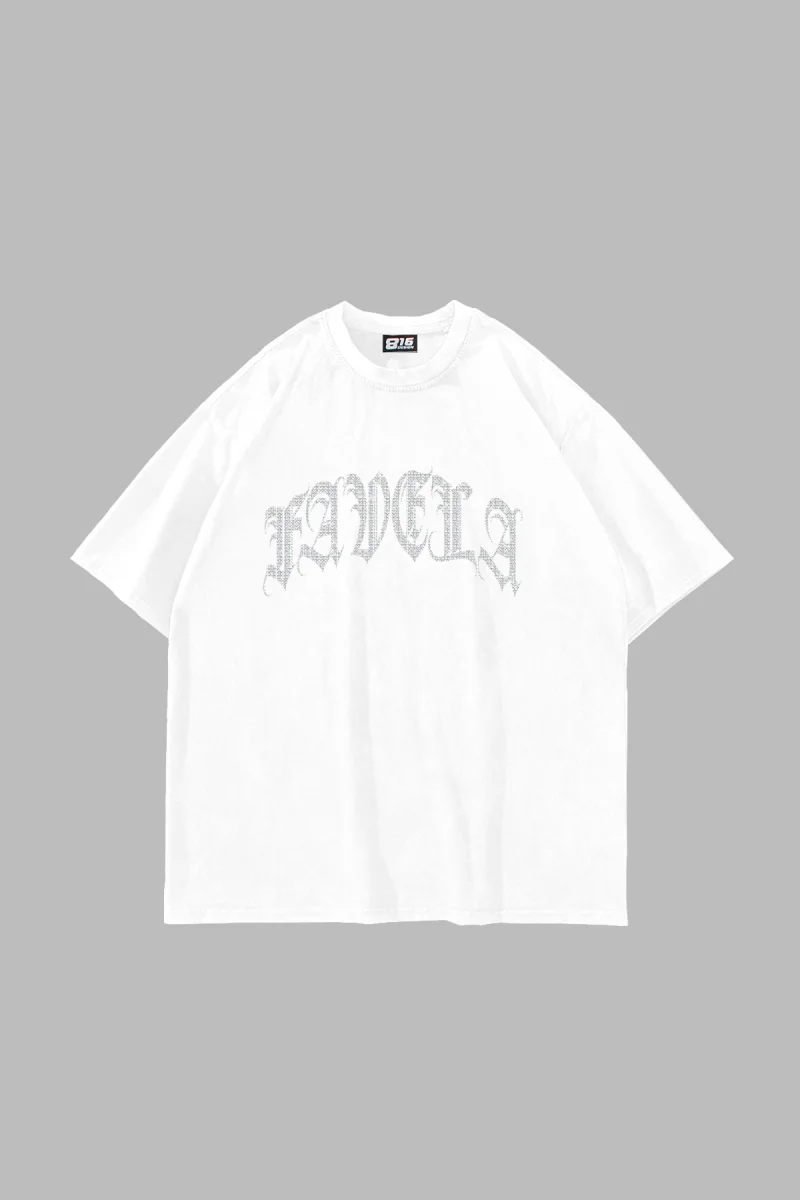 Favela Taş Baskılı Oversize Unisex Beyaz Tshirt