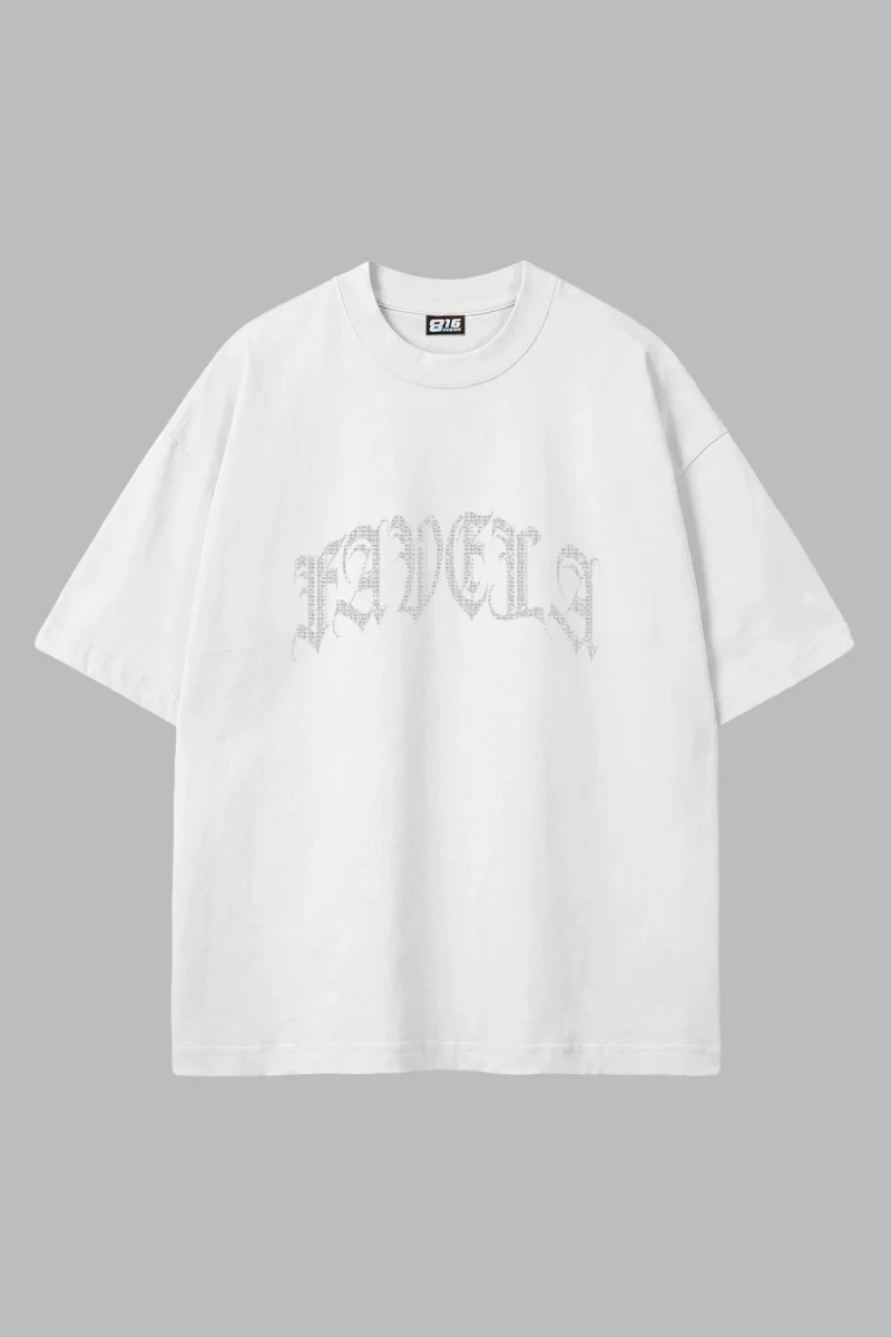 Favela Taş Baskılı Oversize Unisex Beyaz Tshirt