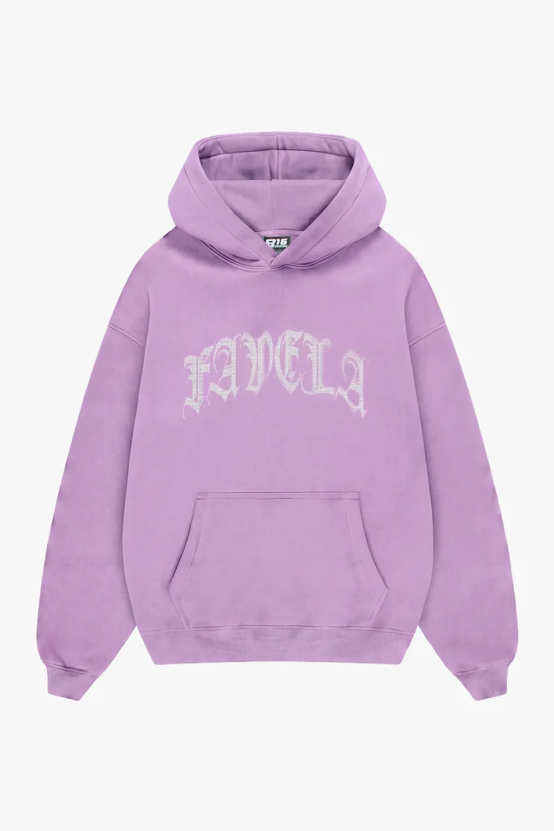 Favela Taş Baskılı Oversize Unisex Mor Hoodie
