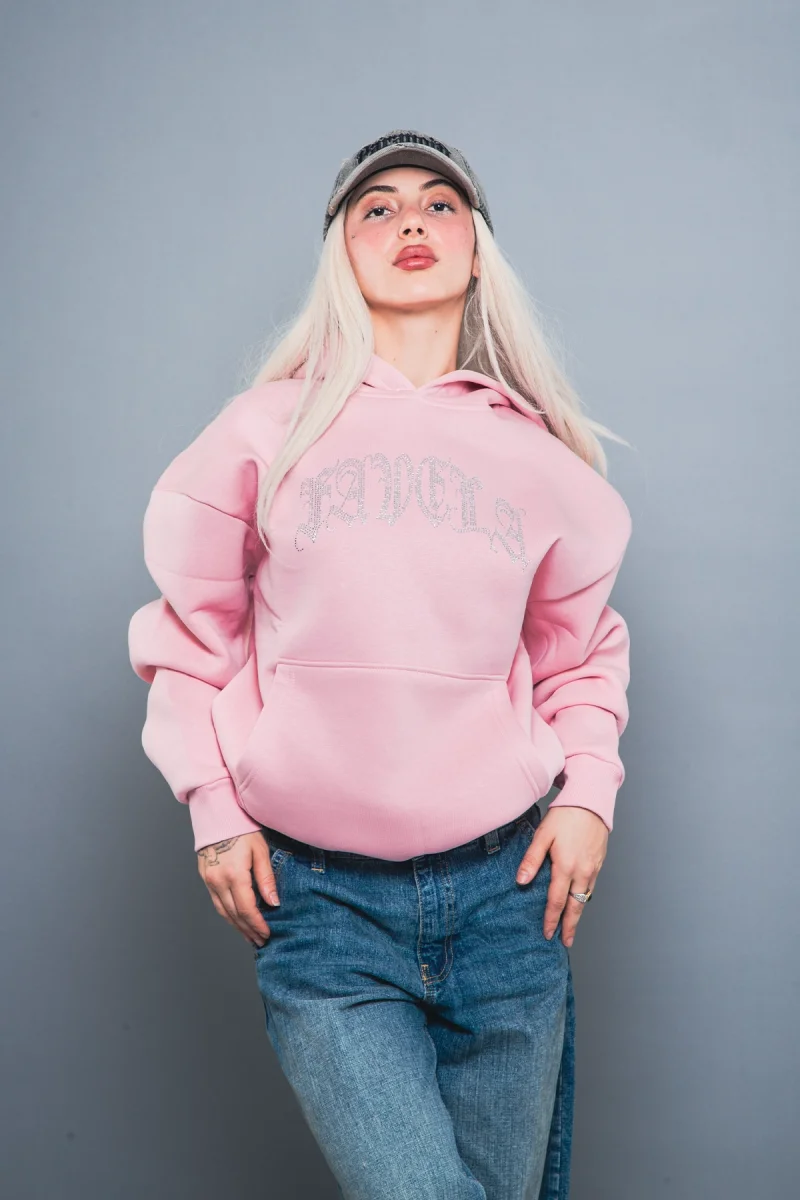 Favela Taş Baskılı Oversize Unisex Pembe Hoodie