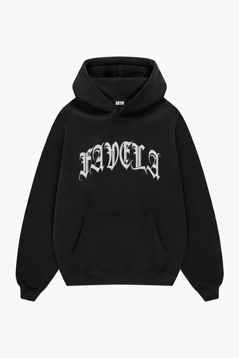 Favela Taş Baskılı Oversize Unisex Siyah Hoodie