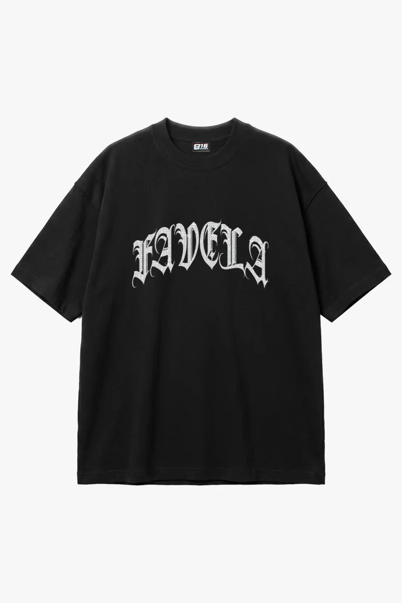 Favela Taş Baskılı Oversize Unisex Siyah Tshirt