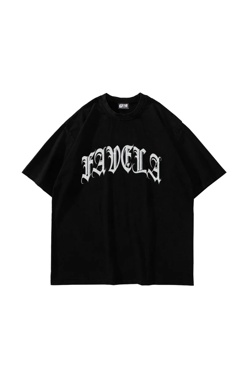 Favela Taş Baskılı Oversize Unisex Siyah Tshirt