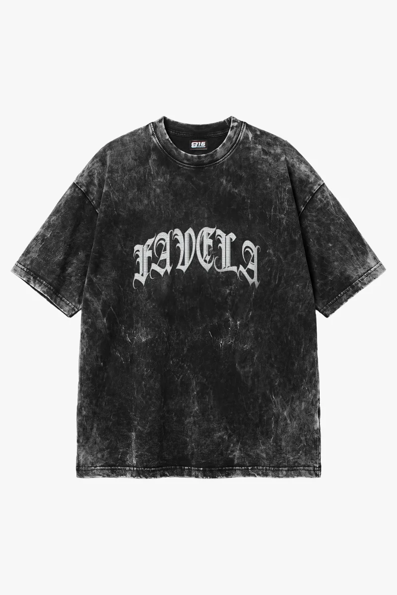 Favela Taş Baskılı Oversize Unisex Yıkamalı Siyah Tshirt