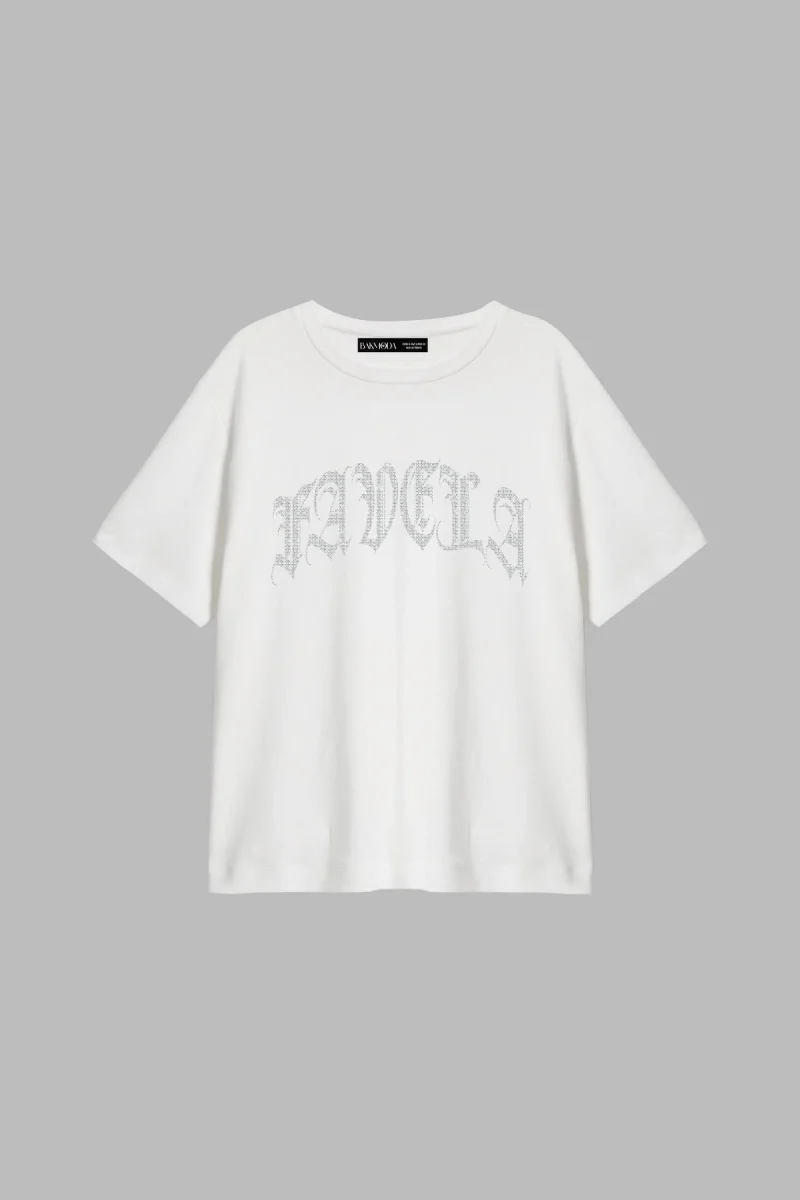 Favela Taş Baskılı Relaxed Fit Beyaz Kadın Tshirt