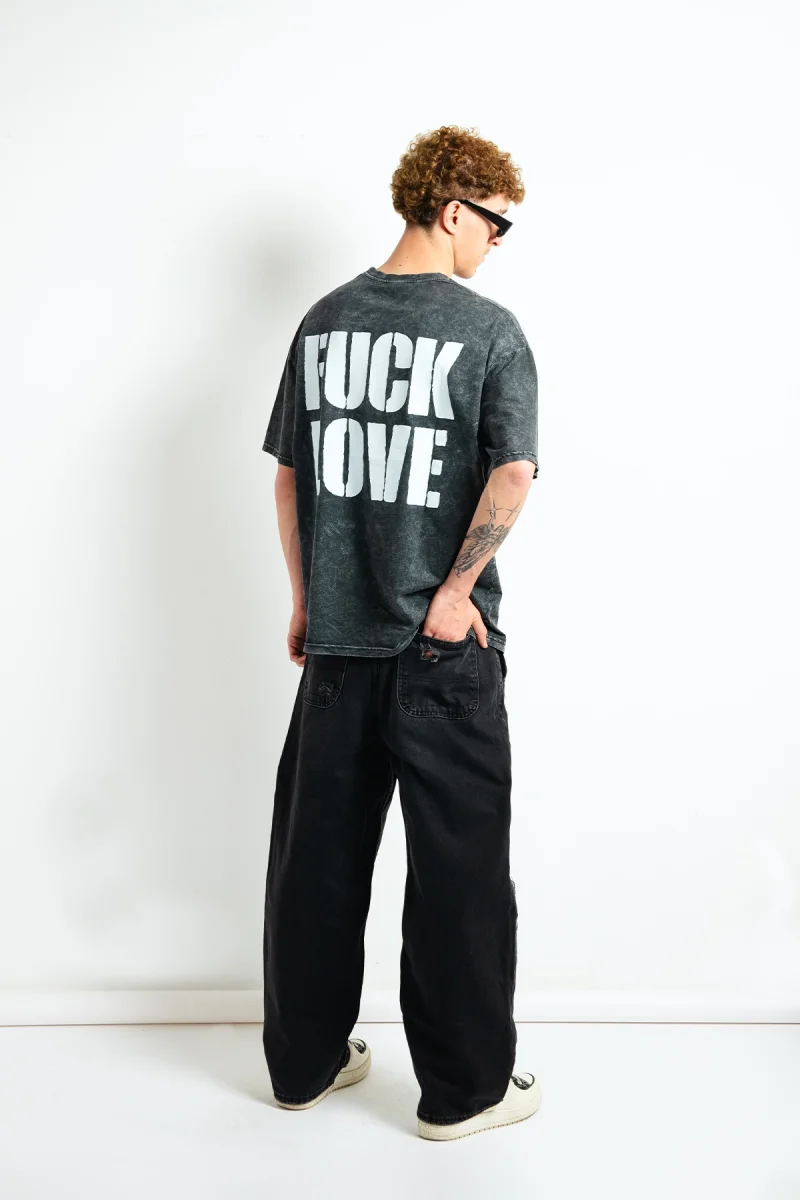 F*ck Love Baskılı Oversize Unisex Yıkamalı Siyah Tshirt